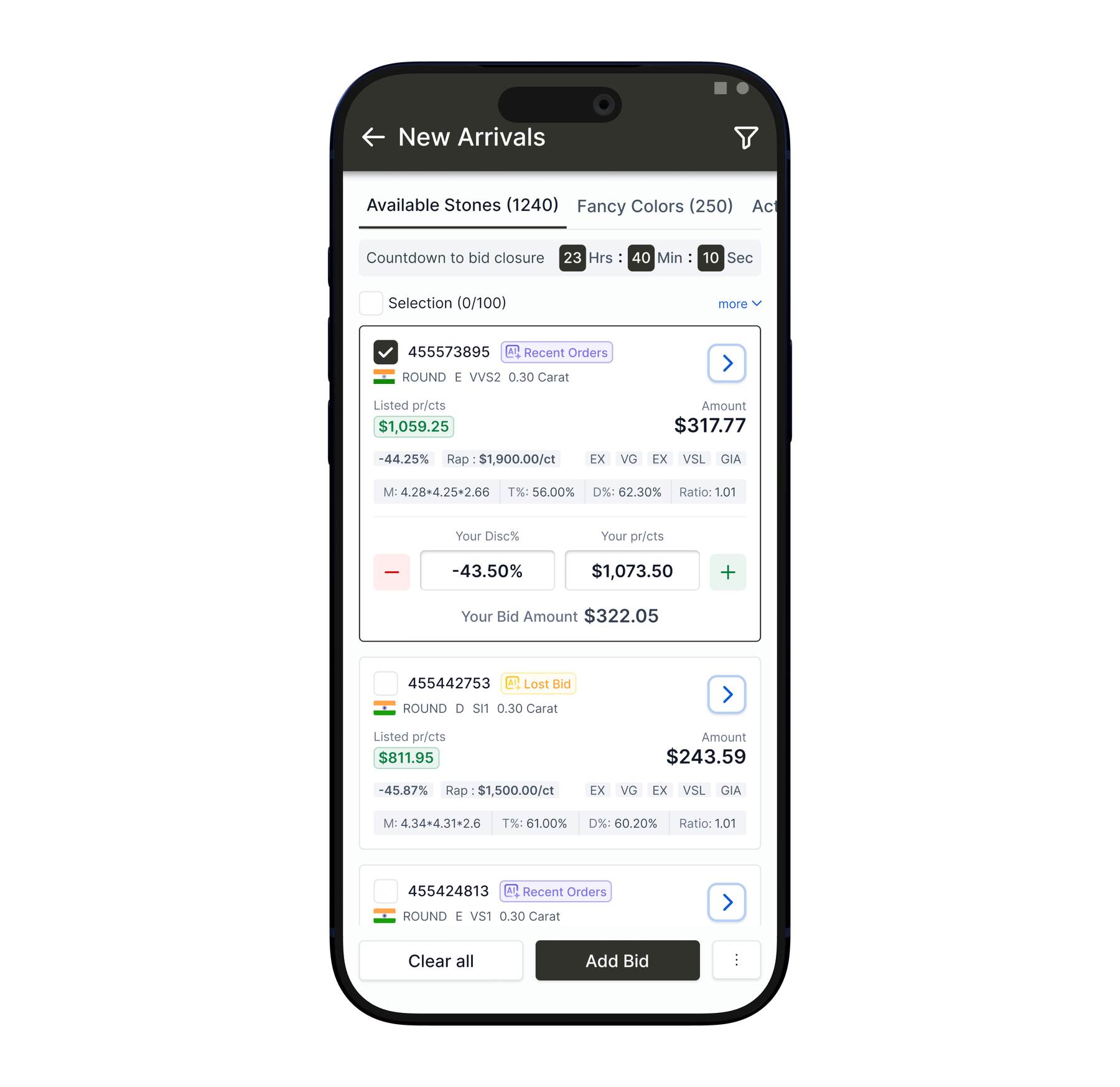 KGK Diamonds mobile app showing New Arrivals and stone bidding details