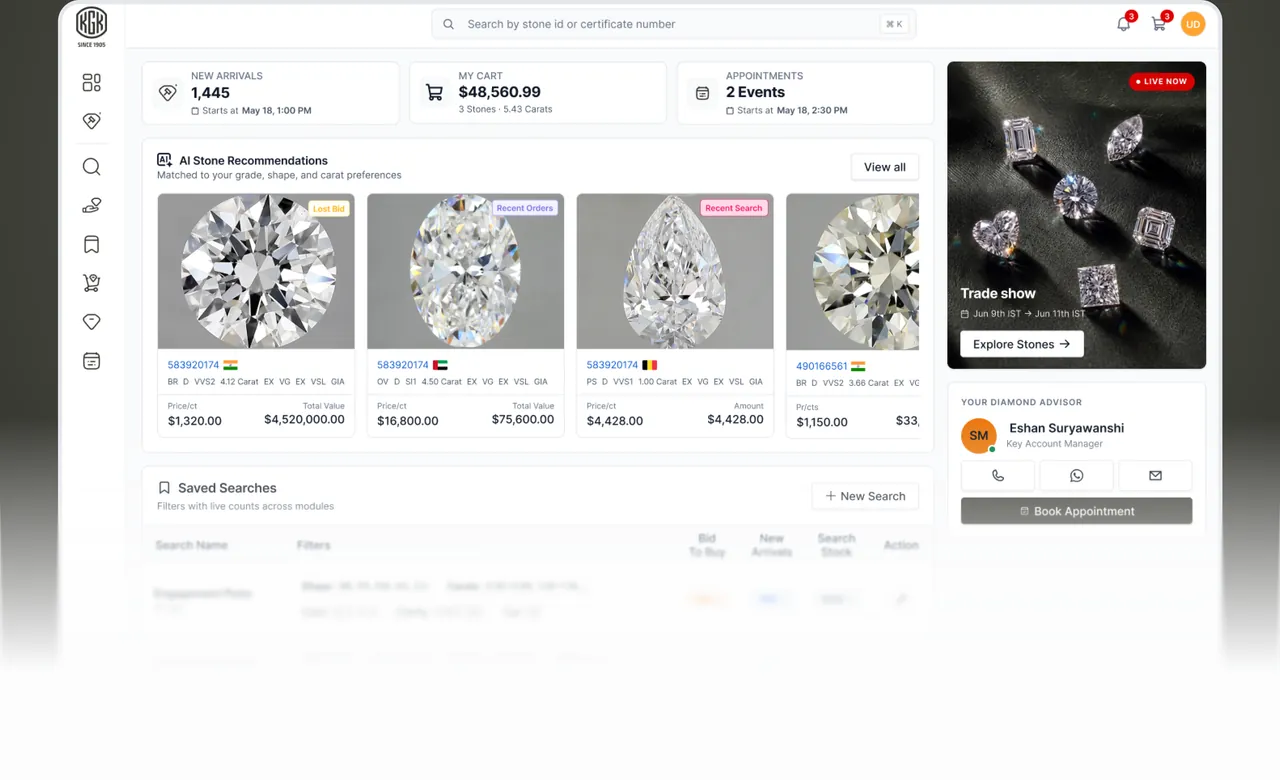 KGK inventory dashboard with new arrivals, cart, appointments and AI stone recommendations