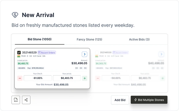New Arrival bidding interface showing stone listings and bid controls